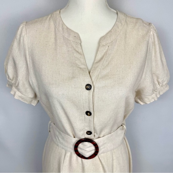 NWT Monteau Shirtdress Short Sleeves Linen Blend Belt Beige Medium Preppy - Picture 3 of 10